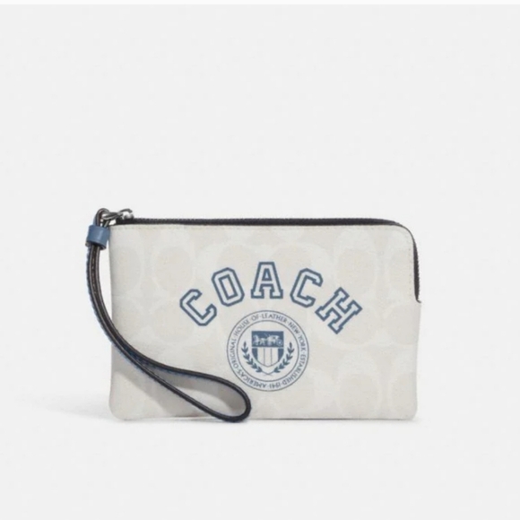 Corner Zip Wristlet In Signature Canvas With Varsity Motif Blue & White, NWT - Picture 5 of 5